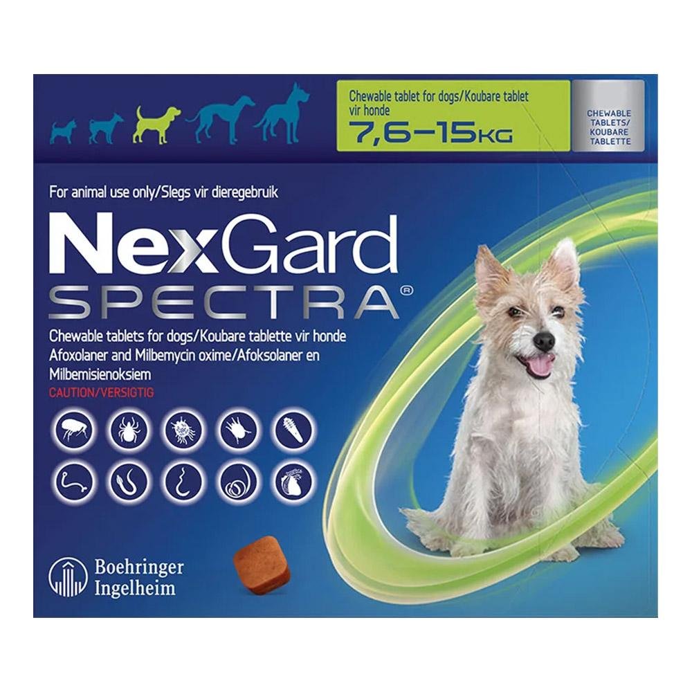 NexGard Spectra - защита от бълхи, кърлежи, нематоди и превенция на дирофиларията, за кучета от 7.5 до 15 кг., 3 броя таблетки