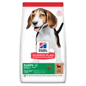 Hill’s Science Plan Puppy Medium с агнешко и ориз – Пълноценна суха храна за кученца от отбиването до 1г. от средните породи до 25 кг. За бременни и кърмещи кучета.