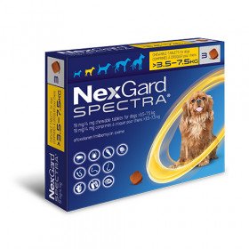 NexGard Spectra - защита от бълхи, кърлежи, нематоди и превенция на дирофиларията, за кучета от 3.5 до 7.5 кг. 3 броя таблетки