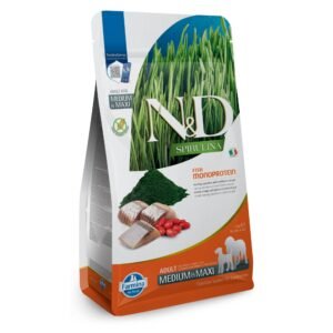 N&D Spirulina Herring & Wolfberry Adult Medium & Maxi dog – суха храна без зърнени култури за кучета от средни и едри породи над 1 година, с херинга, спирулина и годжи бери/ пакет 7кг.