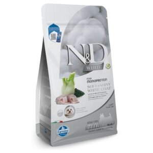 N&D White Dog Sea Bass, Spirulina & Fennel Adult MINI – монопротеинова суха храна без зърнени култури за кучета с бяла козина от мини породи над 1 година, с лаврак, спирулина и фенел