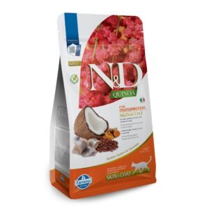 N&D Quinoa Skin & Coat with Herring for adult cat – суха храна без зърнени култури за здрава кожа и козина, за котки над 1 година, с херинга, киноа, кокос, и куркума