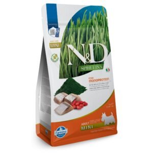 N&D Spirulina Herring & Wolfberry Adult MINI dog – суха храна без зърнени култури за кучета от мини породи над 1 година, с херинга, спирулина и годжи бери/ пакет 2кг.