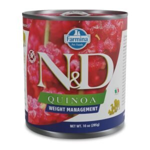 N&D Quinoa Weight Management with Lamb for adult dog – мокра храна за поддържане на идеално телесно тегло, без зърнени култури за кучета над 1 година, с агнешко, киноа, броколи и аспержи, консерва 285гр.