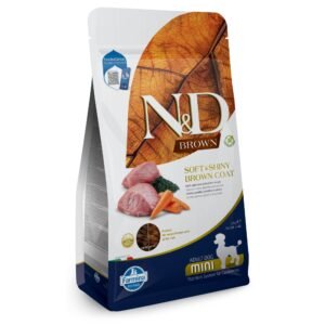 N&D Brown Dog Lamb, Spirulina & Carrot Adult MINI – суха храна без зърнени култури за кучета с кафява козина от мини породи над 1 година, с агнешко, спирулина и морков
