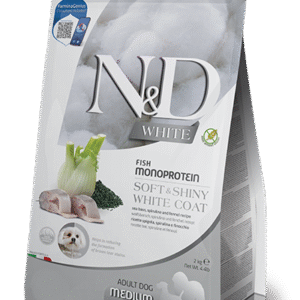 N&D White Dog Sea Bass, Spirulina & Fennel Adult Medium & Maxi – монопротеинова суха храна без зърнени култури за кучета с бяла козина от средни и едри породи над 1 година, с лаврак, спирулина и фенел/пакет 7кг.