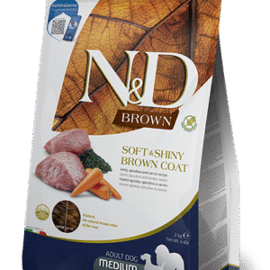 N&D Brown Dog Lamb, Spirulina & Carrot Adult Medium & Maxi – суха храна без зърнени култури за кучета с кафява козина от средни и едри породи в зряла възраст над 1 година, с агнешко, спирулина и морков/ пакет 7кг.