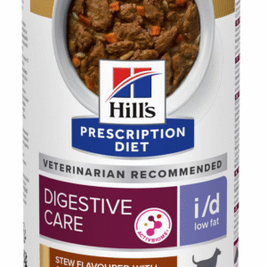 Hill's PRESCRIPTION DIET i/d Low Fat AB+ Stew - лечебна мокра храна за кучета с храносмилателни разстройства, панкреатит или състояния, изискващи ниски нива на мазнини – консерва задушено пилешко със зеленчуци