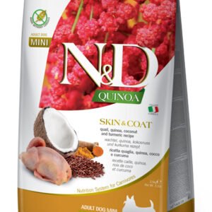 N&D Quinoa Skin & Coat with Quail for adult MINI dog – суха храна без зърнени култури за здрава кожа и козина, за кучета над 1 година от дребни породи, с пъдпъдък, киноа, кокос, и куркума