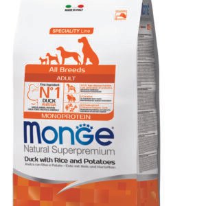 Monge Natural Superpremium All breeds Adult Monoprotein Duck with Rice and Potatoes - Пълноценна суха храна за кучета в зряла възраст от всички породи с патешко, ориз и картофи