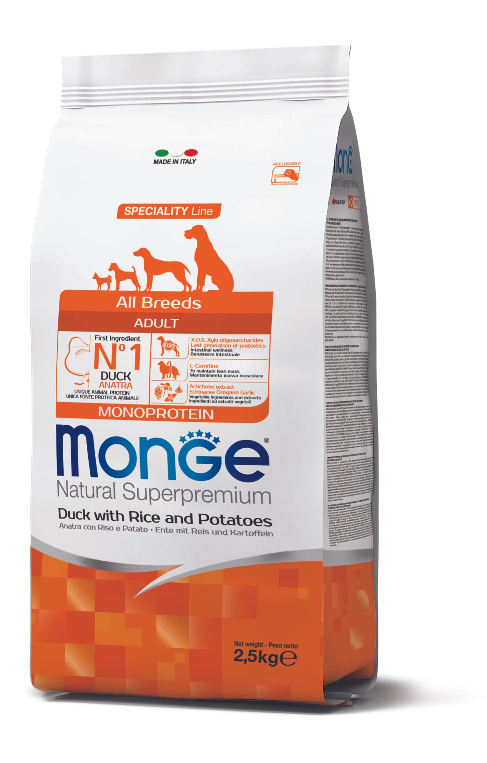 Monge Natural Superpremium All breeds Adult Monoprotein Duck with Rice and Potatoes - Пълноценна суха храна за кучета в зряла възраст от всички породи с патешко, ориз и картофи