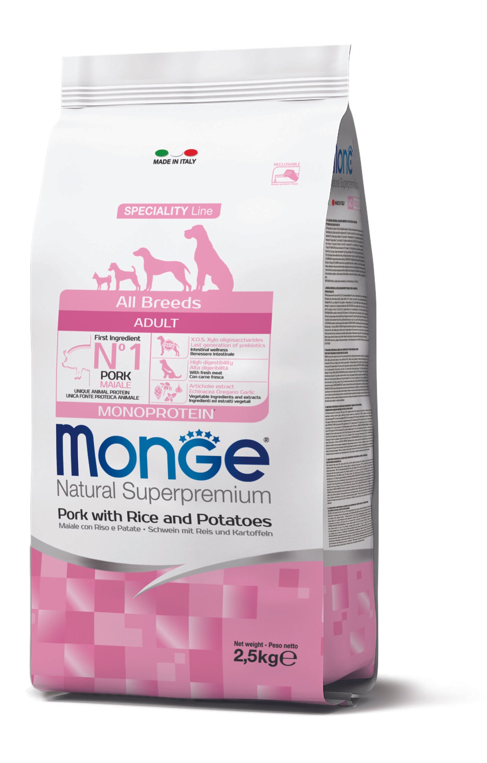 Monge Natural Superpremium All breeds Adult Monoprotein Pork with Rice and Potatoes - Пълноценна суха храна за кучета в зряла възраст от всички породи със свинско, ориз и картофи