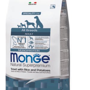 Monge Natural Superpremium All breeds Adult Monoprotein Trout with Rice and Potatoes - Пълноценна суха храна за кучета в зряла възраст от всички породи с пъстърва, ориз и картофи