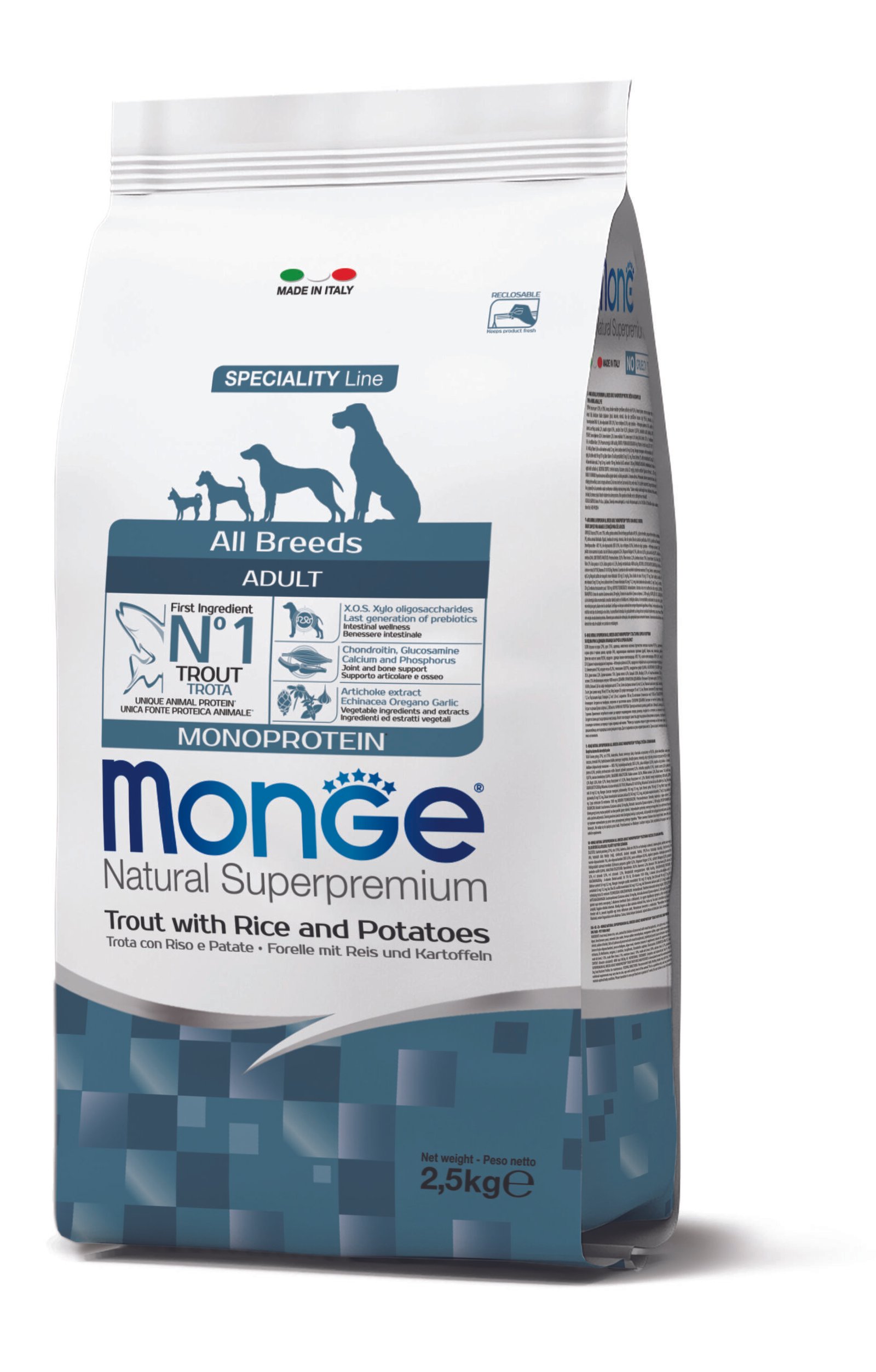 Monge Natural Superpremium All breeds Adult Monoprotein Trout with Rice and Potatoes - Пълноценна суха храна за кучета в зряла възраст от всички породи с пъстърва, ориз и картофи