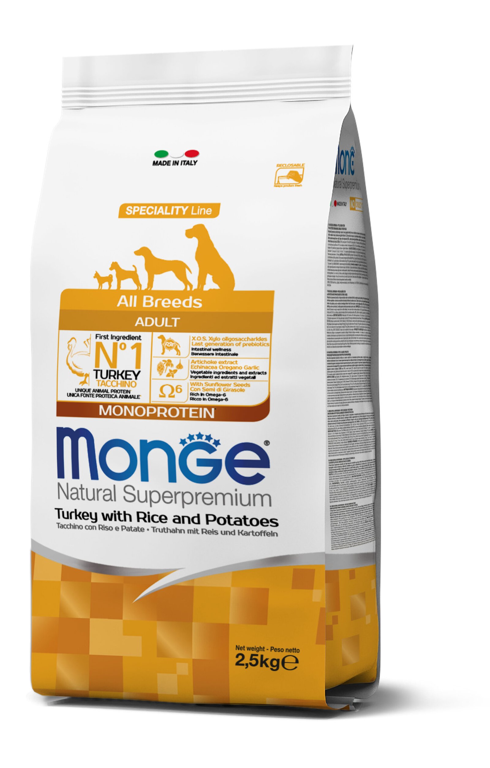 Monge Natural Superpremium All Breeds Adult Monoprotein Turkey with Rice and Potatoes - Пълноценна суха храна за кучета в зряла възраст от всички породи с пуешко, ориз и картофи