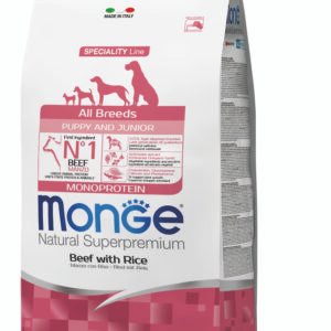 Monge Natural Superpremium All breeds Puppy and Junior Monoprotein Beef with Rice - Пълноценна суха храна за подрастващи кученца от всички породи с телешко и ориз
