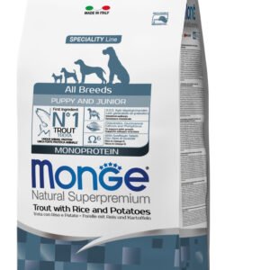 Monge Natural Superpremium All breeds Puppy and Junior Monoprotein Trout with Rice and Potatoes -  - Пълноценна суха храна за подрастващи кученца от всички породи с пъстърва, ориз и картофи