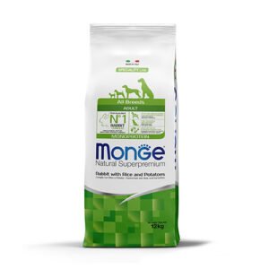 Monge Natural Superpremium All breeds Adult Monoprotein Rabbit with Rice and Potatoes - Пълноценна суха храна за кучета в зряла възраст от всички породи със заешко, ориз и картофи/ Пакет 12 кг.