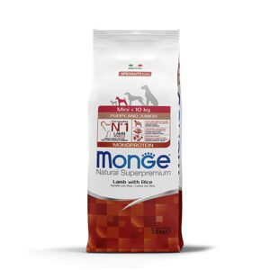 Monge Natural Superpremium Mini Puppy and Junior Monoprotein Lamb with Rice - Пълноценна суха храна за подрастващи кученца от дребните породи с агнешко и ориз/ Пакет 7.5кг.