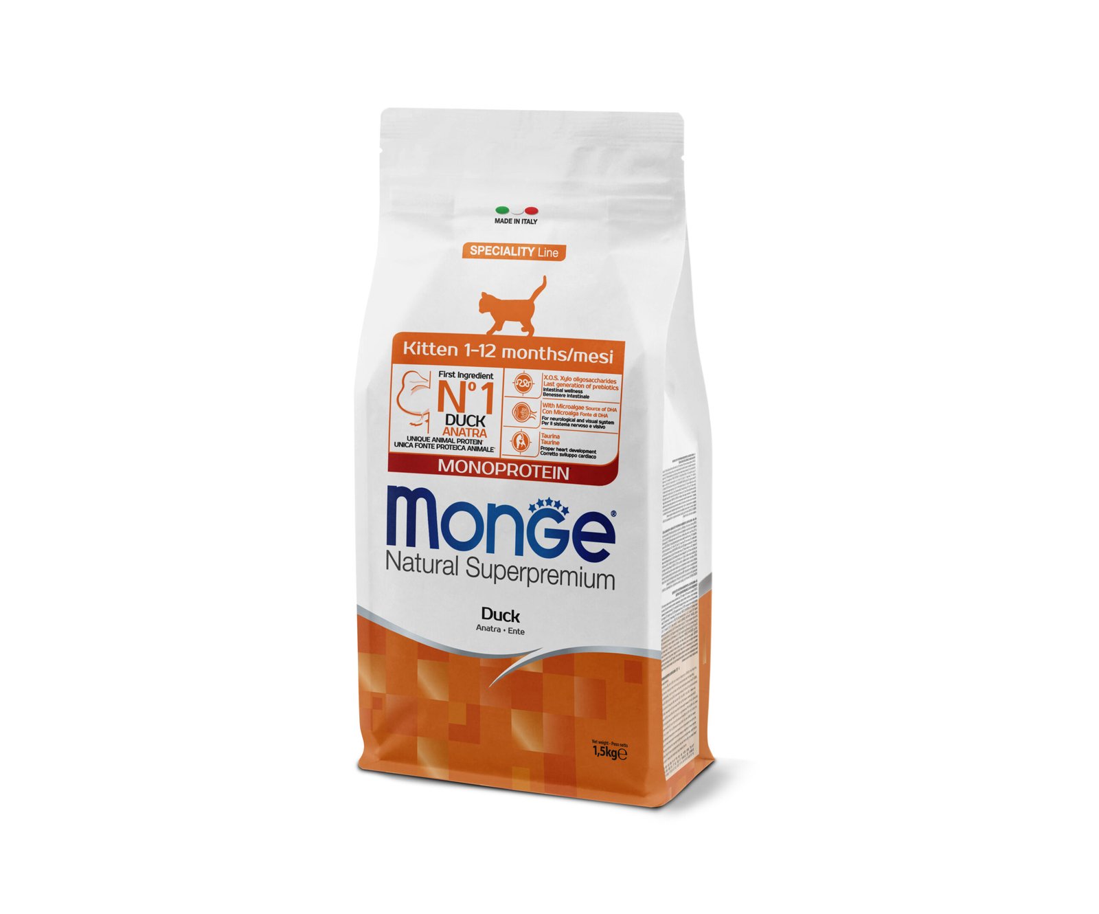 Monge Natural Superpremium Monoprotein Kitten Duck - Пълноценна суха храна за подрастващи котета с патешко