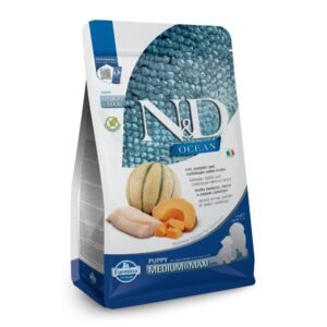 N&D Ocean Codfish, Pumpkin & Cantaloupe Melon Puppy Medium & Maxi – суха храна без зърнени култури за подрастващи кученца от средни и породи, с риба треска, тиква и пъпеш/ пакет 12кг.