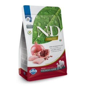 N&D Prime Chicken & Pomegranate Adult Medium & Maxi – суха храна без зърнени култури за кучета над 1 година от средни и едри породи с пилешко и нар