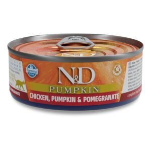 N&D Cat Pumpkin, Chicken & Pomeranatе – пълноценна мокра храна без зърнени култури за котки над 1 година с пилешко, тиква и нар, консерви 6 бр. х 70г.