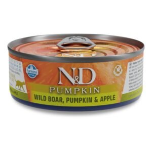 N&D Cat Adult Pumpkin, Boar & Apple – пълноценна мокра храна без зърнени култури за котки над 1 година с глиганско месо, тиква и ябълка, консерва 6 бр. х 70г.