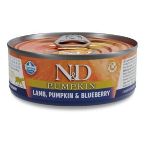 N&D Cat Pumpkin Lamb & Blueberry – пълноценна мокра храна без зърнени култури за котки над 1 година с агнешко, тиква и боровинки, консерва 6 бр. х 70г.