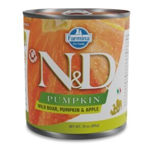 N&D Pumpkin Boar & Apple Adult dog – пълноценна мокра храна без зърнени култури за кучета от всички породи в зряла възраст с глиганско месо, тиква и ябълка, консерва 285г.