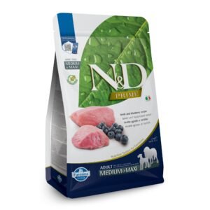 N&D Prime Lamb & Blueberry Adult Medium & Maxi – суха храна без зърнени култури за кучета над 1 година от средни и едри породи, с агнешко и боровинки