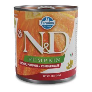 N&D Pumpkin Chicken & Pomeranatе Adult dog – пълноценна мокра храна без зърнени култури за кучета от всички породи в зряла възраст с пилешко, тиква и нар, консерва 285г.