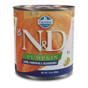 N&D Pumpkin Lamb & Blueberry Adult Dog – пълноценна мокра храна без зърнени култури за кучета от всички породи в зряла възраст с агнешко, тиква и боровинки, консерва 285г.
