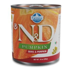 N&D Pumpkin & Quail Adult dog – пълноценна мокра храна без зърнени култури за кучета от всички породи в зряла възраст с пъдпъдък и тиква, консерва 285г.