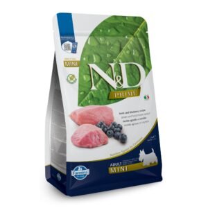 N&D Prime Lamb & Blueberry Adult Mini – суха храна без зърнени култури за кучета над 1 година от дребни породи, с агнешко и боровинки