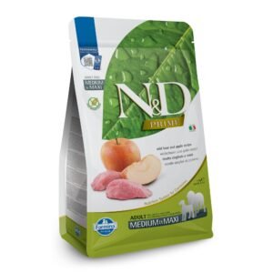 N&D Prime Wild Boar & Apple Adult Medium & Maxi – суха храна без зърнени култури за кучета в зряла възраст от средни и едри породи, с глиган и ябълка