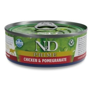 N&D PRIME Cat Chicken & Pomegranate Adult – пълноценна мокра храна без зърнени култури за котки в зряла възраст, с пиле и нар, консерва 12бр. х 70г.