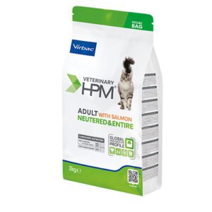 Virbac Veterinary HPM Adult Neutered & Entire Cat with Salmon - пълноценна храна със  сьомга, за кастрирани и некастрирани котки над 12 месеца.