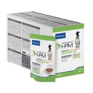Virbac Veterinary HPM Adult Neutered – Salmon Chunks in gravy- хапки със съомга в сос  грейви, за кастрирани котки над 12 месеца/кутия с 12  пауча x 85г.
