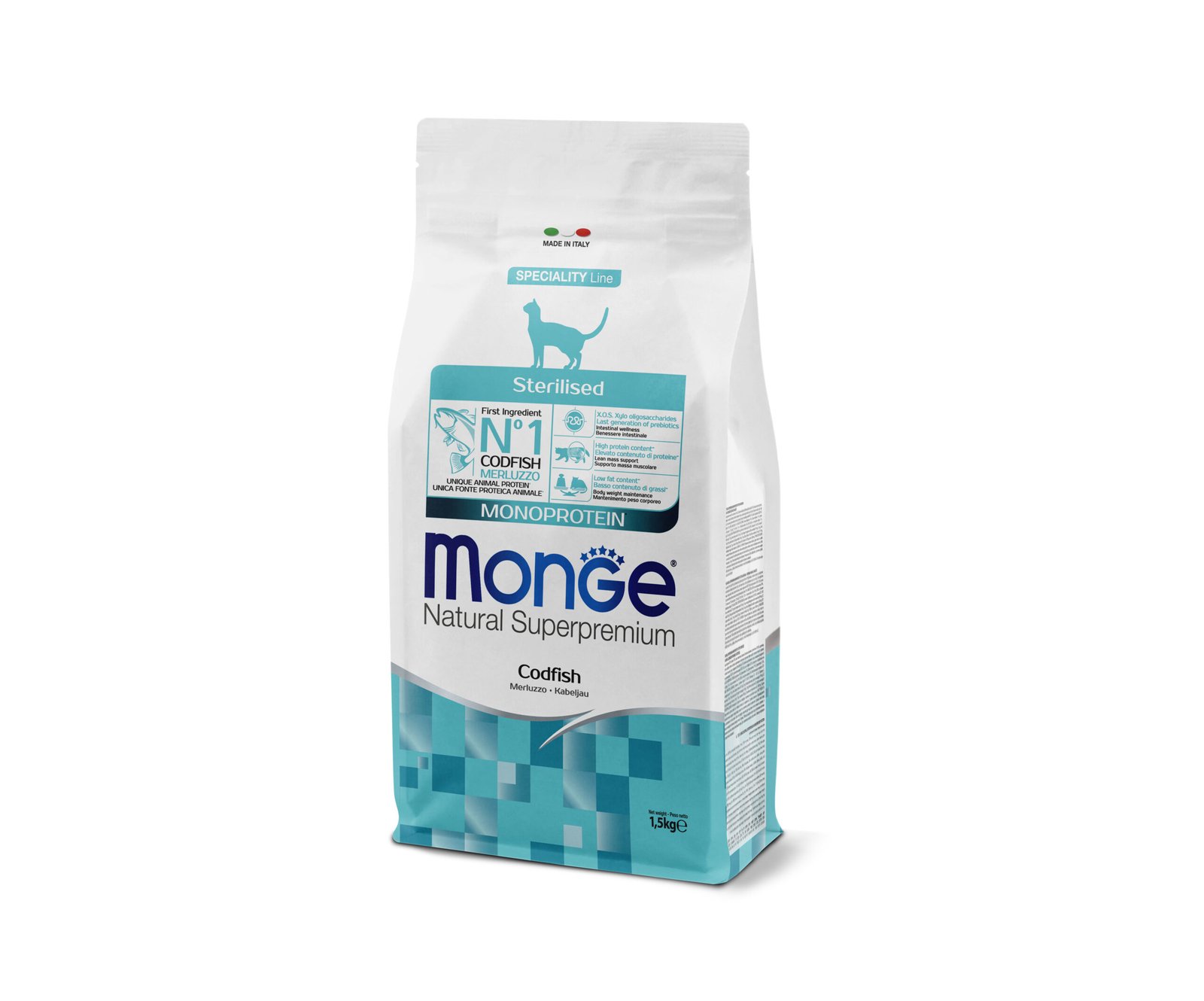 Monge Natural Superpremium Monoprotein Sterilised Cat Codfish - Пълноценна суха храна за кастрирани котки с риба треска/ Пакет 1.5кг.