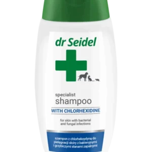 Dr.Seidel - Shampoo with Chlorhexidin - дерматологичен шампоан с 3% хлорхексидин, предназначен за кучета, котки и морски свинчета със заболявания на кожата, причинени от бактериални инфекции 220 мл.