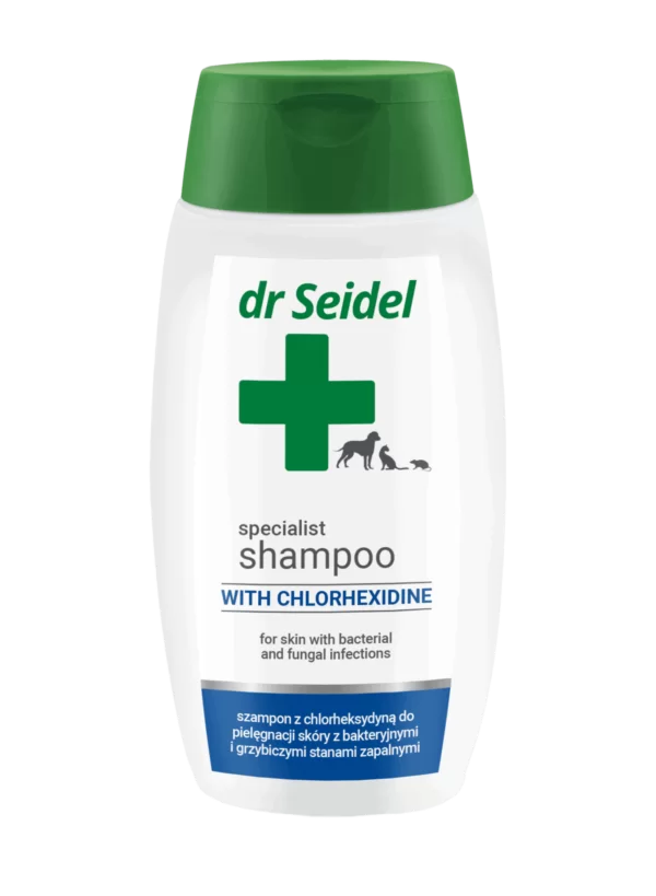 Dr.Seidel - Shampoo with Chlorhexidin - дерматологичен шампоан с 3% хлорхексидин, предназначен за кучета, котки и морски свинчета със заболявания на кожата, причинени от бактериални инфекции 220 мл.