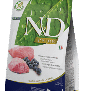 N&D Prime Cat Adult Lamb & Blueberry – суха храна без зърнени култури за котки над 1 година, с агнешко и боровинки