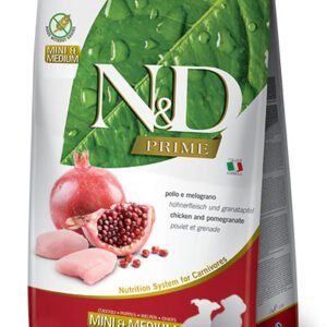 N&D Prime Chicken & Pomegranate Puppy Mini & Medium– суха храна без зърнени култури за подрастващи кученца от дребни и средни породи с пилешко и нар