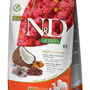 N&D Quinoa Skin & Coat with Herring for adult dog – суха храна без зърнени култури за здрава кожа и козина, за кучета над 1 година, с херинга, киноа, кокос, и куркума