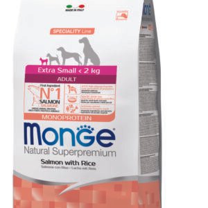 Monge Natural Superpremium Extra Small Adult Monoprotein Salmon with Rice - Пълноценна суха храна за кучета в зряла възраст от миниатюрните породи със сьомга и ориз