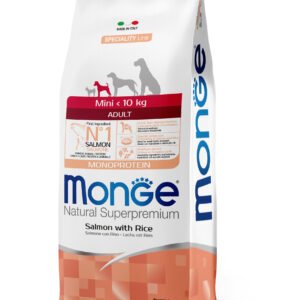 Monge Natural Superpremium Mini Adult Monoprotein Salmon with Rice - Пълноценна суха храна за кучета в зряла възраст от дребните породи със сьомга и ориз