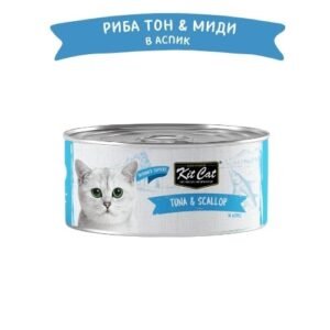 Kit Cat Deboned Toppers Tuna & Scallop in Aspic – Допълваща храна за котки в зряла възраст, риба тон и миди в аспик (желе) 12 бр. х 80 гр.