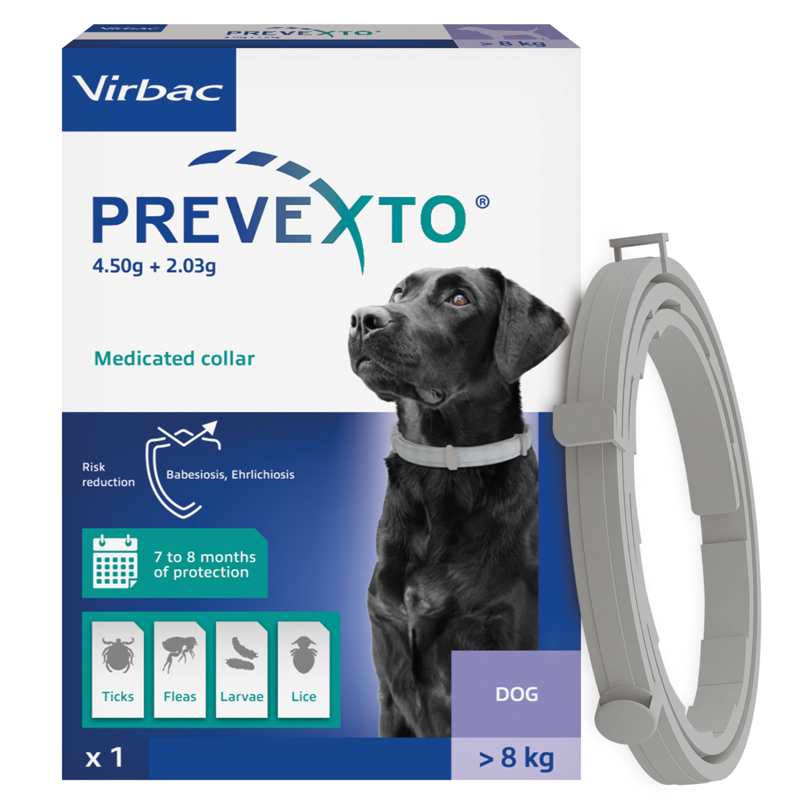 PREVEXTO® противопаразитна каишка за големи кучета над 8 кг.